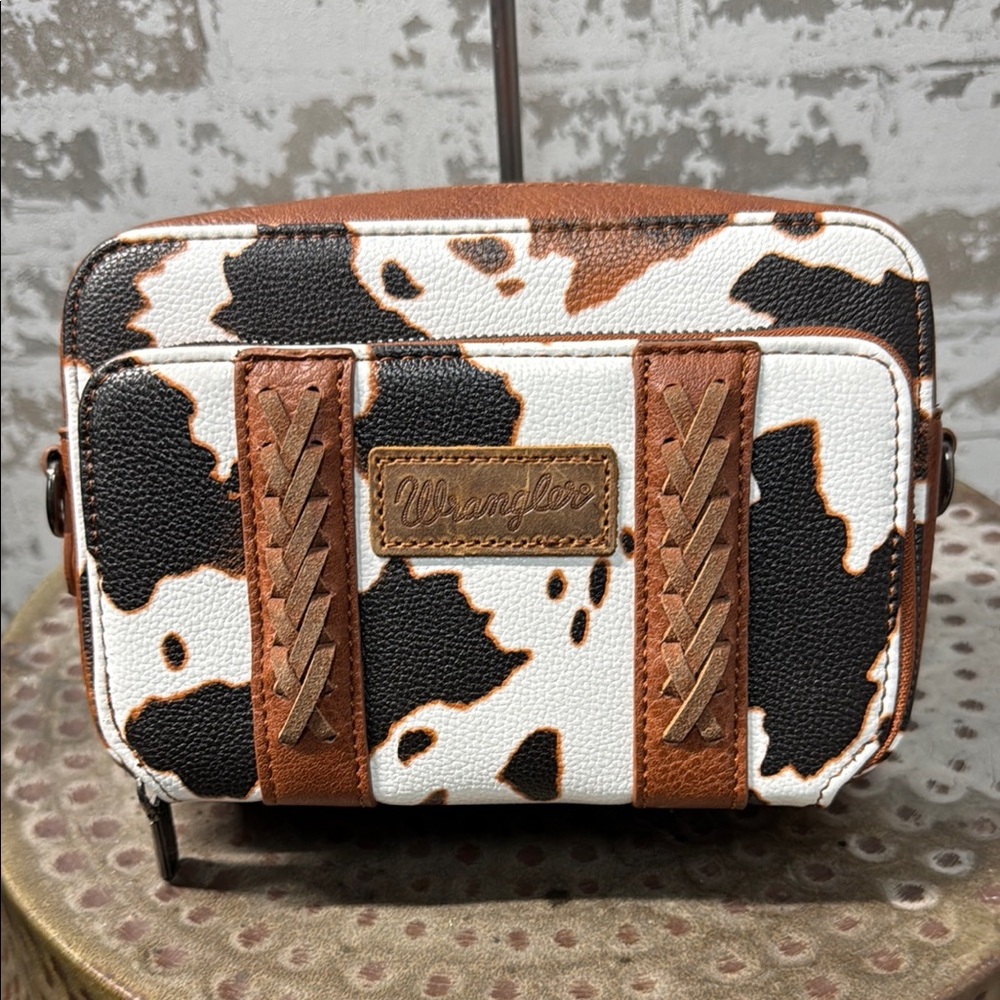 Wrangler Cowprint Crossbody Bag in White, Black, Brown